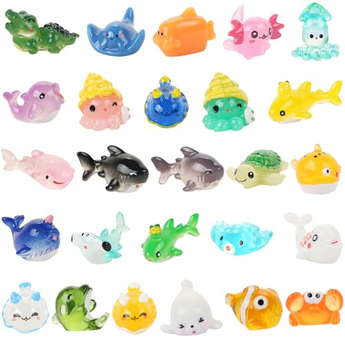 UHOMENY Mini Sea Animals Set, 26pcs Tiny Resin Ocean Figures Miniature Marine Animal Ornaments with Box for Aquarium Fish tanks Dollhouses Gardens Landscape Decor