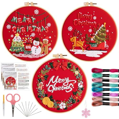 Offizon Christmas Embroidery Kit for Beginners, 3 PCS Starter Cross Stitches, Red Santa Handicrafts, Merry Chistmas