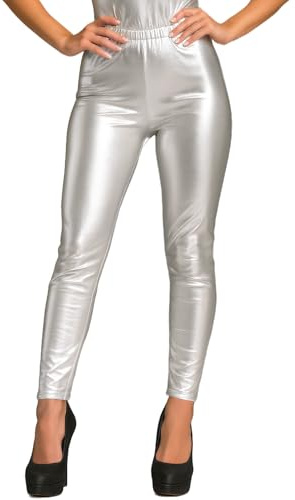 Leggings Metalizados Mujer Cintura Alta, Efecto Cuero Brillante, Tiro Alto elástico; Mallas para Fiesta, Discoteca, Baile, Moda Urbana, Stretch (FR/ES, Letras, L, Regular, Regular, Plata)