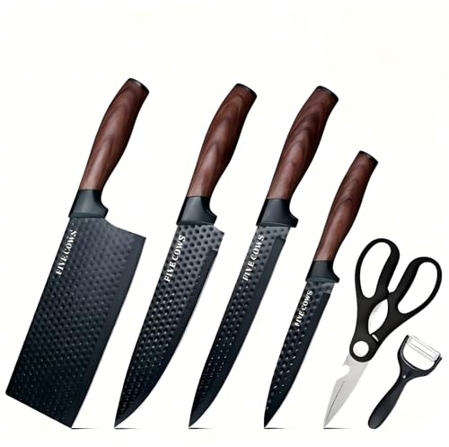 FIVE COWS Cuchillos Cocina 6 piezas, Set Cuchillos Cocina, afilados cuchillos de cocinero, Incluye 4 cuchillos de chef, Ideal para cocinas interiores y camping