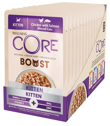 Wellness CORE Boost Chaton 14 x 85g, Poulet & Saumon – Morceaux Hachés Pour Chatons, Sans Céréales, Naturelles, Hypoallergénique, Riche en protéines, À Haute Teneur en Viande, Développe Yeux & Cerveau