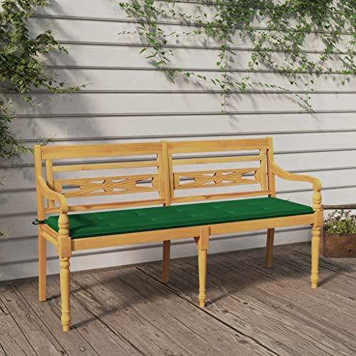 Drillkyn Batavia trädgårdsbänk av massivt teak med grön kudde 150 cm, väderbeständig sittbänk med ryggstöd och armstöd, perfekt för terrass, balkong, gård och veranda
