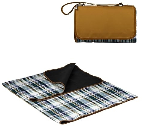 PICNIC TIME Outdoor Picnic Blanket Tote, 59x51 Foldable Beach & Camping Blanket with Soft Fleece, Water-Resistant Bottom, Adjustable Strap & Zippered Pocket (English Plaid, Beige Flap)