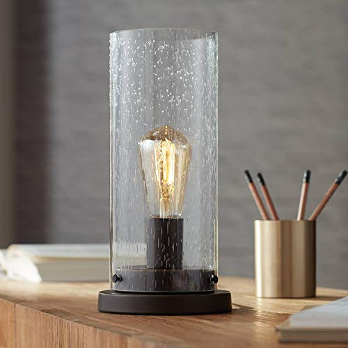 360 Lighting Libby Rustic Industrial Farmhouse Accent Uplight Table Lamp 12 High LED Bronze Metal Seeded Glass Cylinder Shade for Bedroom House Bedside Living Room Nightstand Home Office