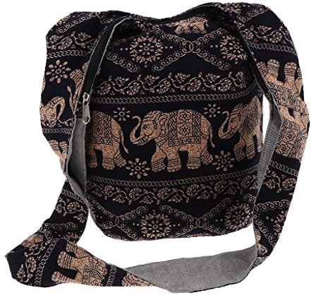 Hellery Boho Stoffbeutel Beuteltasche Handtasche Body Schultertasche mit Reißverschluss, Schwarz