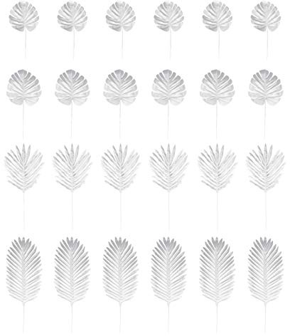 PRETYZOOM 24pcs Silver Artificial Palm Leaves Faux Fake Fronds Plants for Home Centerpiece Wedding Arrangement Party Layout Props Decoration