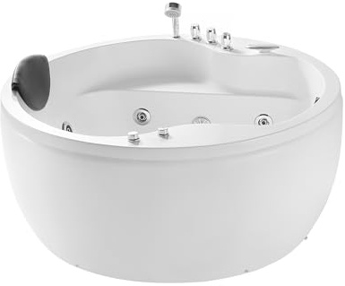 Empava 59 Acrylic Freestanding Whirlpool Bathtub Hydromassage Round Jetted Soaking Tub with Right Side Drain and Waterfall Faucet