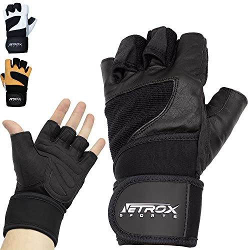 NetroxSports - Guanti Palestra Uomo e Donna - vera pelle - 40cm Polsini Palestra - antiscivolo e traspirante - Fitness, Calisthenics, Bodybuilding, Ciclismo, Gym Gloves, Accessori Sollevamento Pesi