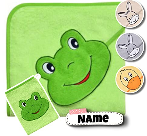Stickling Baby Kapuzenhandtuch Set mit Waschlappen | Baby Handtuch 80 x 80 cm Kapuzenbadetuch | personalisiert mit Name | Baby Badetuch Bestickt | Baby Erstausstattung | Jungen Mädchen (Frosch grün)