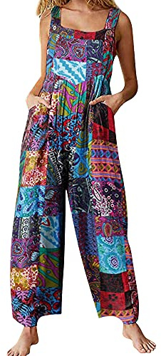 Acrawnni Hängselbyxor för kvinnor vintage blommigt tryck lös ledig säckig ärmlös overall lång overall lekdräkt byxor sparkdräkt, En blå, XXL