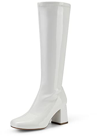 DREAM PAIRS Women's Gogo Boots Square Toe Chunky Wide Calf Knee High Boots,Size 9,White/Patent/Pu,SDKB2231W