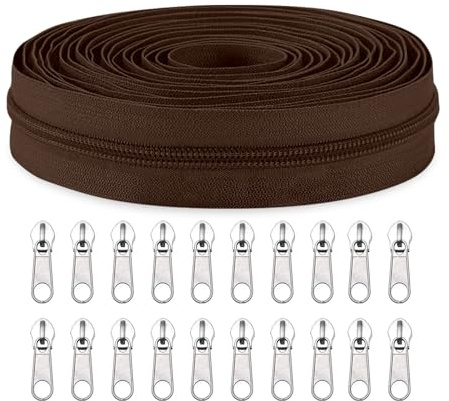 Sawoake #3 Nylon Coil Zippers by The Yard Bulk 10 Yards with 20pcs Zipper Sliders for DIY Sewing Tailor Craft Bag Garment Home Textile…(Brown)