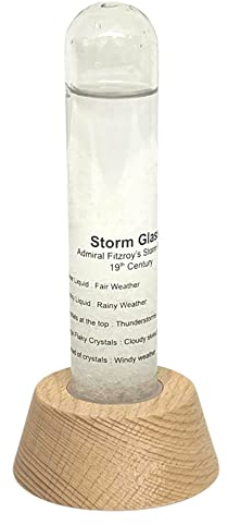 FITZROY STORM GLASS WEATHER PREDICTION DESK ORNAMENT | Weather forecaster | Weather station |barometer | science ornament | weather predicting storm glass with wooden stand | 14 cm x 6 cm x 6 cm