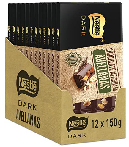 NESTLÉ DARK Nestle Dark Tableta de Chocolate Negro con Avellanas, 12 x 150 g