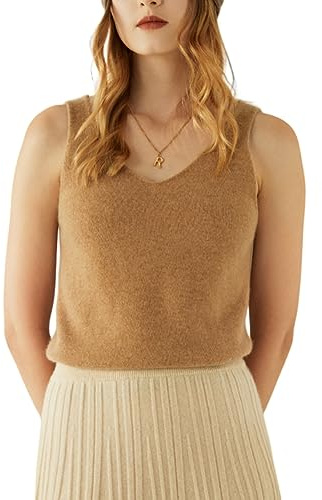 DISSA Women Cashmere Khaki Jumper Sleeveless V-Neck Relaxed Cashmere Wool Thin Vest Solid Color Ladies Sweater,14,SPR1212