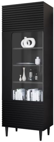 Mirjan24 Vitrine Nakomo 1D, Standvitrine mit Glastür, geriffelte Fronten, B:60 x H:180 x T:40 cm, Vitrinenschrank, Glasvitrine für Wohnzimme, Mehrzweckschrank (Schwarz)