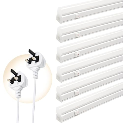 Qsmile LED Batten Lights with UK Plug & On/Off Switch, 6-Pack 4ft 18W 4000K Linkable LED Garage Lighting, T5 Workshop Lighting, Connect Up to 6 Units LED Tube Lights for Office Home Garage Loft