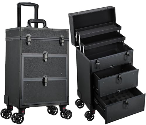 Yueieoun Rolling Makeup Train Case with 2 Large Drawers Cosmetology Case on Wheels Nail Carts Organizer Case Make Up Artist Tattoo Travel Case with Wheels Salon Trolley Black
