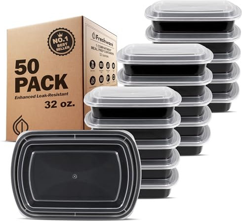 Freshware Meal Prep Containers [50 Pack] 1 Compartment with Lids, Food Storage Containers, Bento Box, BPA Free, Stackable, Microwave/Dishwasher/Freezer Safe (32 oz)