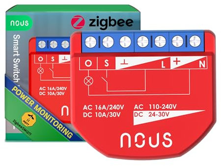 NOUS ZigBee Smart Switch-moduler med effektmätning, 1 kanal, AC 16A/DC 10A, torrkontakter, ZigBee 3.0-hubb krävs, kompatibel med Alexa, Google Assistant, Home Assistant, Tuya Smart Life App