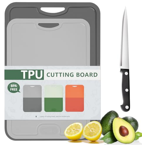 Gintan Flexible TPU Cutting Board, BPA Free with Knife and Juice Groove, Scratch-Resistant Flexible Chopping Boards for Kitchen, Dishwasher Safe, Easy Grip Handle, Non-Slip (L-Dark Grey + S-Grey)