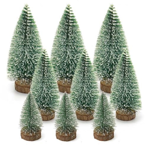 Mini Weihnachtsbaum Grün Mini Tannenbaum Deko, Künstlicher Kleiner Kiefernbaum mit Holzsockel, für Tischdeko, DIY, Schaufenster, Weihnachtsbasteln Set, 9 Stück (10cm15cm20cm)