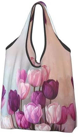 VOSERY Lila och rosa tulpanbukett återanvändbara matkassar shoppingväskor för livsmedel vikbar tygväska med handtag, Svart, 3 PCS