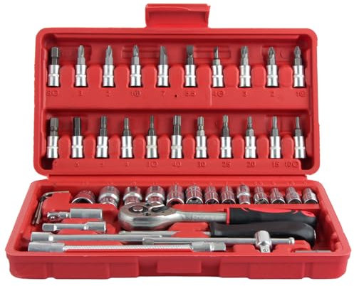 ASelected Juego de 46 llaves de vaso de 1/4 pulgadas y juegos de herramientas, llaves métricas e imperiales CR-V con llave de trinquete de liberación rápida, juego de llaves de vaso compactas para