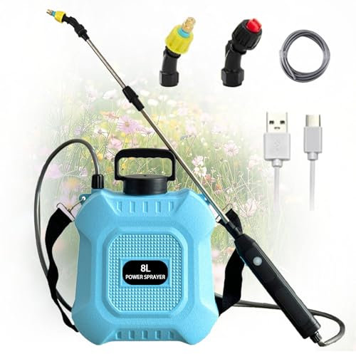 Polegas 8L Electric Garden Sprayer - Battery Powered with 2 Mist Nozzles, USB Rechargeable Handle, Retractable Wand for Lawn and Garden - Adjustable Shoulder Strap