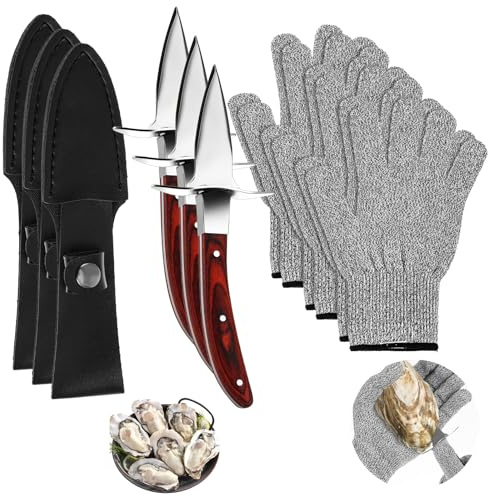 wutfuooo 3 Set Oyster Shucker, Oyster Shucking Knife for Oyster Clam Pearl Shell Shucking, Shucking Tool Kit, 3 Stainless Steel Oyster Knifes with Wooden Handle 3 Pairs Oyster Shucking Gloves