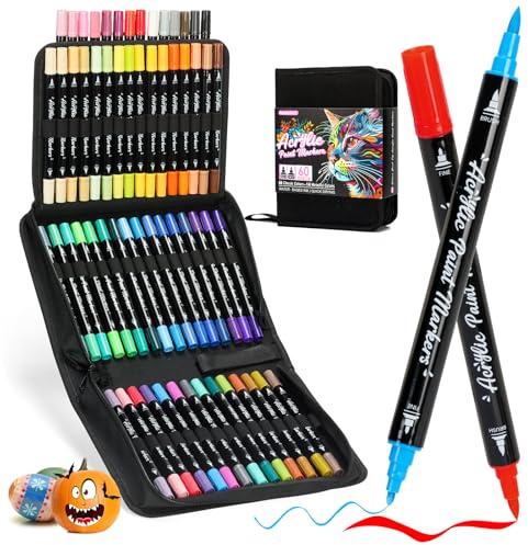 Acrylic Paint Markers, 60 Colors Dual Tip Acrylic Paint Pens with Brush and Fine Tips for Rock Painting, Wood, Canvas,Ceramic,Card Making,Vibrant Color Ideal for Artists, Crafters & DIY Projects