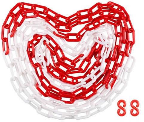 SWAWIS 15m Cadena de Señalización Rojo y Blanco, 8mm Grosor de Cadena Barrera de Plástico con Mosquetones para Obras Carreteras Garajes, Ligero y Fácil de Usar