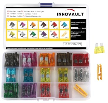 INNOVAULT 110 Stück Kfz Sicherungen Standard, Auto Sicherungen Set, Autosicherungen Set für PKW, KFZ, Wohnmobil, Motorrad, gemischte Flachsicherungen inkl. Sicherungszieher 2A / 5A - 40A