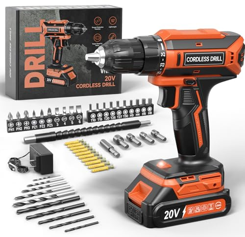 VIWKO Akkuschrauber, 20V Akku Bohrschrauber, 25+1 Drehmomentstufen Akkubohrer, 42Nm Max Drehmoment, LED-Licht, 56 tlg Akkuschrauber Set für Wartungsarbeiten und Heimwerkerprojekte Orange