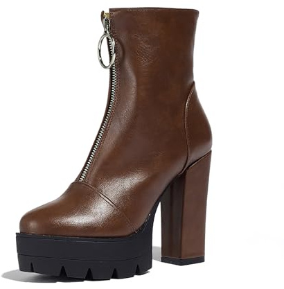 Bviennic Donna Stivaletti Tacco Alto a Blocco con Plateau Moda Punta Rotonda Zip Festa Polacchine 2309 Marrone Numero 39 EU/40Cn