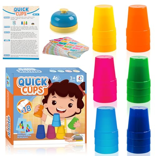 Phlognfy Juego de vasos apilables deportivos, juego de vasos apilables, con 1 campana de mesa, 54 cartas de juego, 18 vasos, para niños y adultos, juegos de mesa