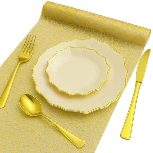 Kit Vaisselle Jetable Dorée 51 Pièces – 20 Assiettes + 30 Couverts + Chemin de Table Or – Mariage, Noël, Soirée Chic, Anniversaire – Service de Table Élégant 10 Personnes