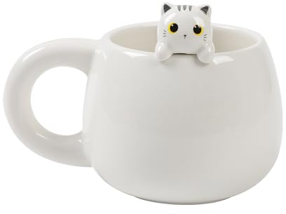 I-TOTAL® - Tazza in Ceramica con animaletto in ceramica sul bordo, tazza per tè o caffè 450 ml (WHITE CAT)