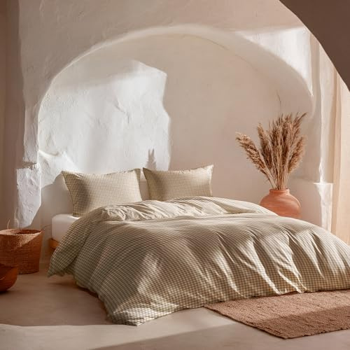 GAMUSI Juego Funda nórdica Cama 90 100% algodón - Funda Almohada 45x110 cm, Estampado Cuadro Vichy Color Beige