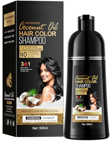 Hair Dye Shampoo – Tinte Capilar 3 en 1 Cubre Canas al Instante, Color de Larga Duración para Hombres y Mujeres – 500 ML – Champú de color con aceite de coco (natureblack)