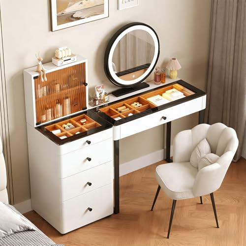 GRDSGRD Modern Dressing Table with Mirror and Lights, Vanity Table with Drawers and Stool, Tempered Glass Display Top, Pre-Assembled Makeup Table with Reversible Cabinet for Small Bedroom