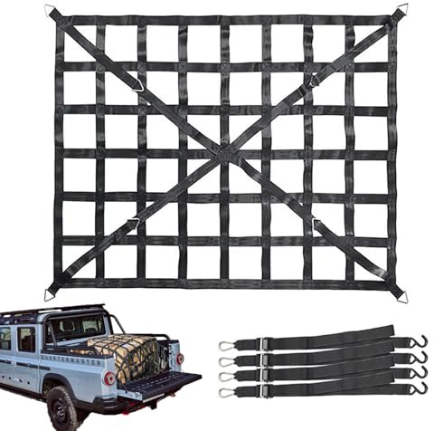 RATSTONE Rete per Bagagli per Pickup Camion, Rete di Carico Regolabile, Organizzatore di Rete di Carico per Portellone Posteriore, Regolabile, per Rimorchi, Camion, Rimorchi, 4 Cinghie,167cm x 127cm