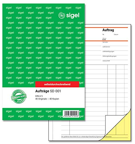 SIGEL SD001 Auftragsbuch A5, 2x40 Blatt, selbstdurchschreibend, 1 Stück, aus nachhaltigem Papier