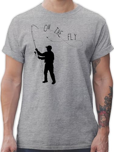 T-Shirt Herren - Angler Geschenke & Angeln Zubehör - Fishing - On The Fly - L - Grau meliert - fliegenfischer Geschenk angelshirts Angel Schrift Shirt angelshirt angelbekleidung Fischerei