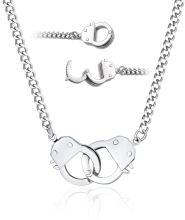 ChainsHouse Collier Menottes pour Femme Chaîne Maille Collier Partenaires Crime, Ras de Cou 46 cm avec Menotte Pendentif De Verrouillage