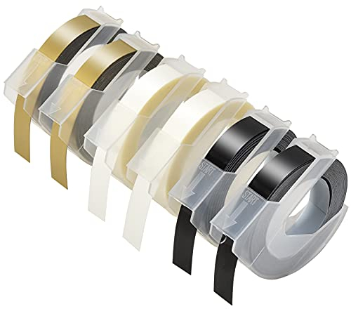Kompatibel Band als für Ersatz für Dymo Prägeband, 6er Pack Selbstklebend Plastik Etiketten 3D Schriftband Prägegerät Band 9mmx3m Für DYMO Omega & Motex Etikettenprägegerät, Schwarz/Transparent/Gold