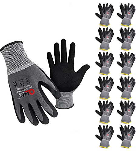 QEARSAFETY 12 paia di guanti di sicurezza da lavoro rivestiti in gomma nitrilica microschiuma, traspiranti, abrasioni, logistica, magazzino, uso generico, destrezza, colore grigio (grande)