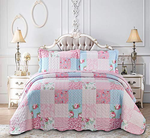3-Piece Printed Patchwork Quilted Bedspread Set Floral Pink King 250 x 250 cm - Hotel Quality Hypoallergenic Soft Microfiber Bed Throw for Bedroom Bedding with 2 Pillow Shams