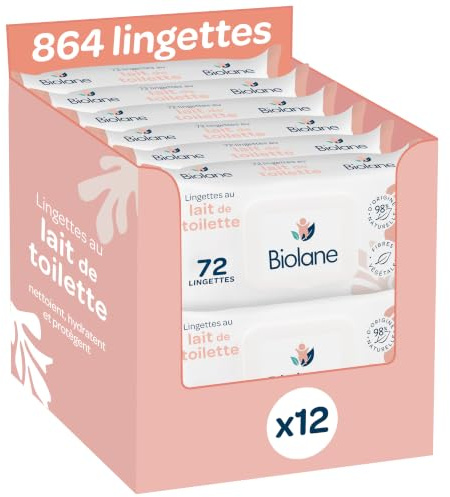 BIOLANE - Lingettes au Lait de Toilette - 864 lingettes - Lot de 12x72