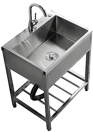 Handfat i rostfritt stål, Utomhusgarage, tvättho, portabel diskbänk, kommersiell diskho, fristående campingdisk, med kran, avloppssil, fäste, för trädgård, butik, bondgård (Color : Hot+Cold, Size :